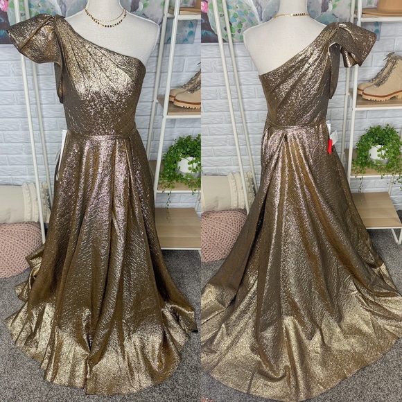 Mac Duggal 67297 New One Shoulder Metallic Ballgown Antique Bronze (12) - Picture 3 of 9